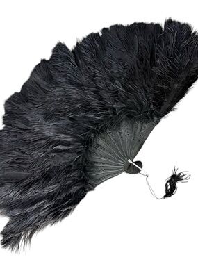 LA VIE EN ROSE Black Feather Hand Fan Collapsible Mesh Pouch Boudoir Burlesque